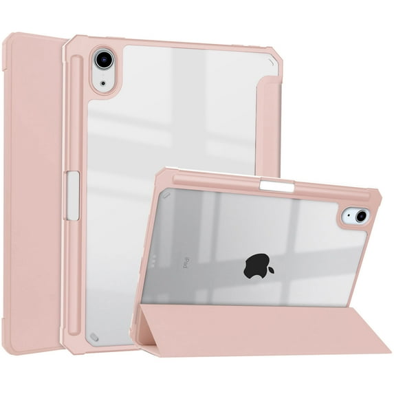 Allytech Trifold Case for iPad Mini 6th Gen 6.3 inch(2021 Model), Built-in Pencil Holder Shockproof Clear Transparent Back Shell Viewing & Typing Stand Protective Case for iPad Mini 6 2021, Rosegold