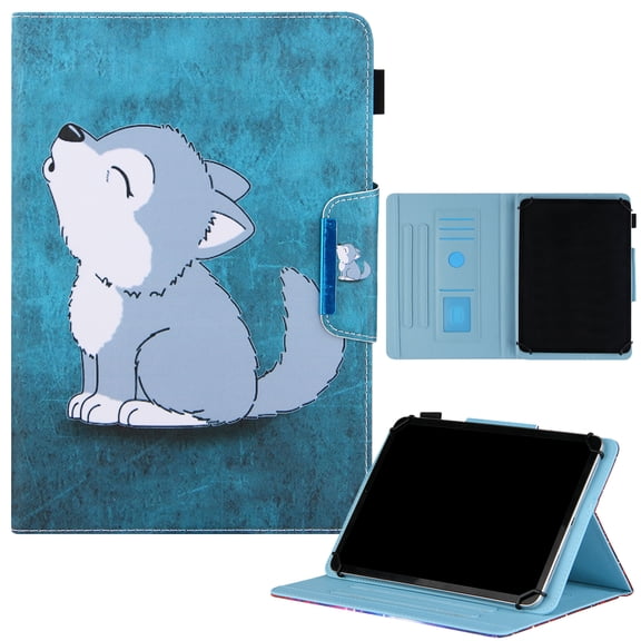 Allytech Universal 7" Tablet Case, Ultra Slim Lightweight Multi Angle Stand Folio Cover with Pencil Holder for Onn 7", RCA Voyager, Fire 7/Oasis, Lenovo, Google and More 6.5-7.5" Tablet,Cute Wolf