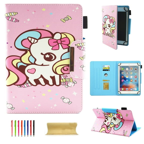 Allytech Universal Case for 7-8 Inch Tablet, PU Leather Smart Book Style Stand Protective Case with Card Slots Magnetic Closure Protector for All 7-8 Inch Tablet, Candy Unicorn