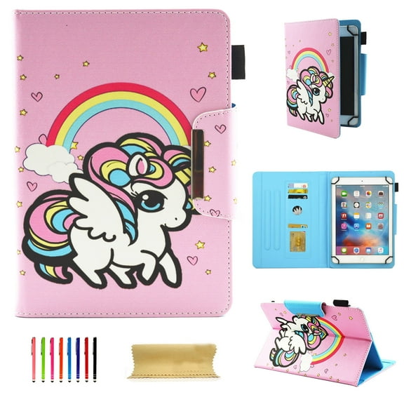 Allytech Universal Case for 9-10.1 Inch Tablet, PU Leather Smart Book Style Stand Protective Case with Card Slots Magnetic Closure Protector for All 9-10.1 Inch Tablet, Rainbow Unicorn