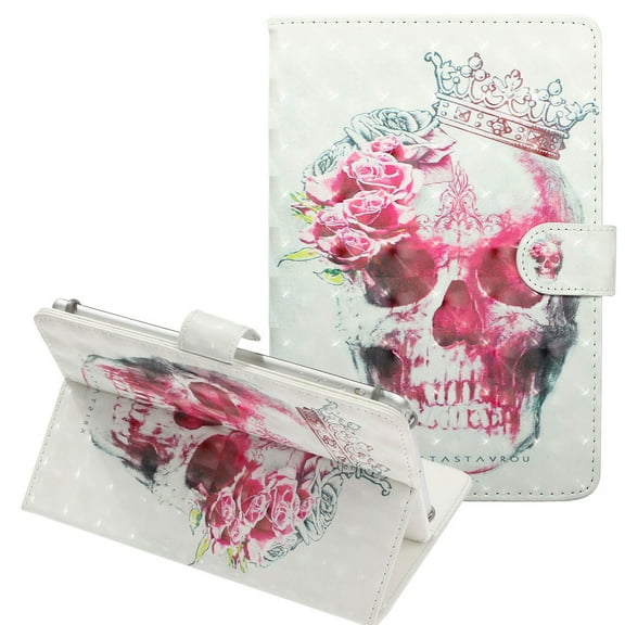 Allytech Universal Case for All 9.5-10.5 inch Touchscreen Android Tablet, Slim Stand Folio PU Leather Wallet Cover with Card Slots & Pencil Holder for Kindle Apple ipad Samsung, ECT,Crown Skull