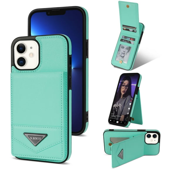 Allytech Upgraded Wallet Back Case Cover for Apple iPhone 12/ iPhone 12 Pro, Vintage Leather TPU Slim Case for Girls Women Men Shockproof Bumper Cards Slots - Mint