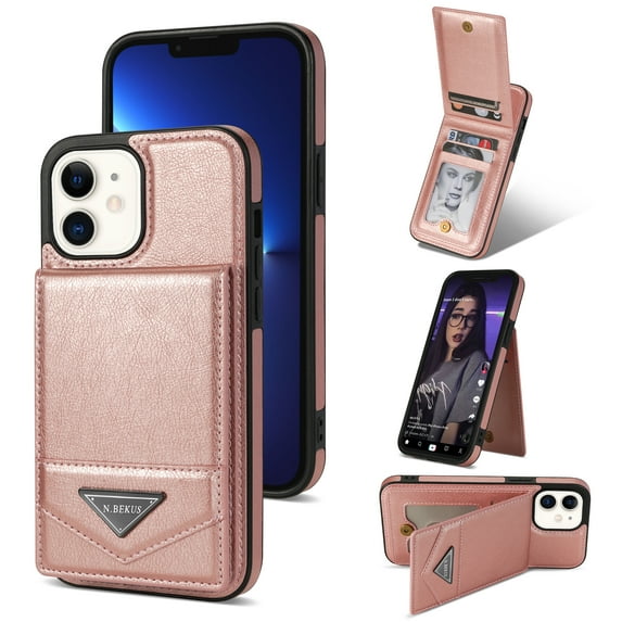 Allytech Upgraded Wallet Back Case Cover for Apple iPhone 12/ iPhone 12 Pro, Vintage Leather TPU Slim Case for Girls Women Men Shockproof Bumper Cards Slots - Pink