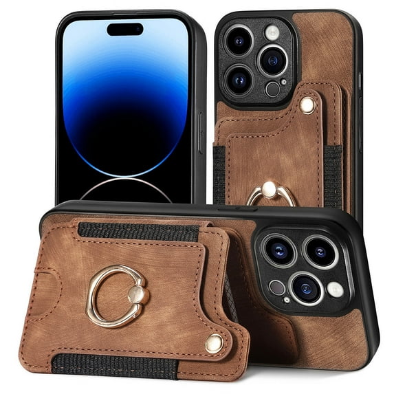 Allytech Wallet Cards Holder Case for Apple iPhone 15 Pro Max with Ring Holder, Premium PU Leather Retro Hand Wrist Stand Shockproof Compatible with Car Mount - Brown