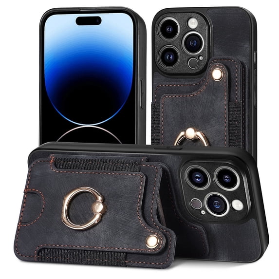 Allytech Wallet Cards Holder Case for Apple iPhone 16 Plus with Ring Holder, Premium PU Leather Retro Hand Wrist Stand Shockproof Compatible with Car Mount - Black