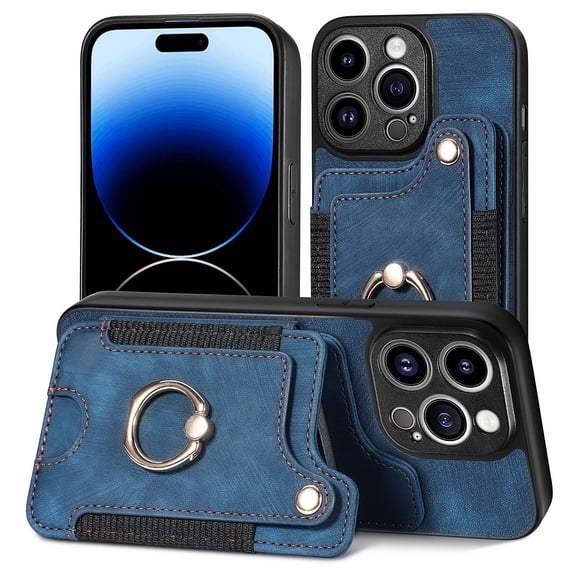 Allytech Wallet Cards Holder Case for Apple iPhone 16 Plus with Ring Holder, Premium PU Leather Retro Hand Wrist Stand Shockproof Compatible with Car Mount - Blue