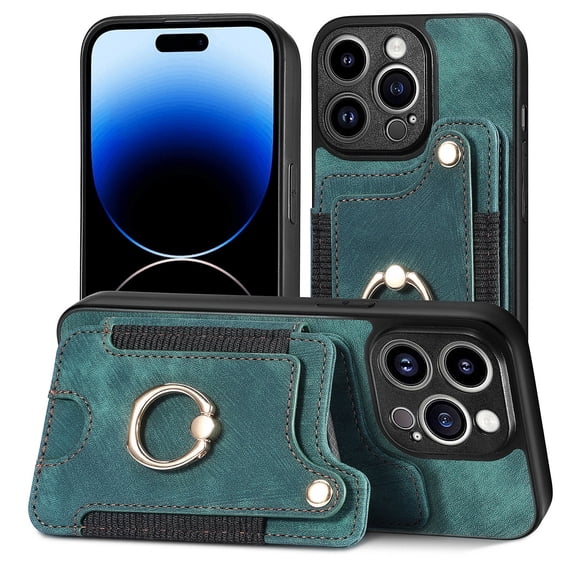 Allytech Wallet Cards Holder Case for Apple iPhone 16 Plus with Ring Holder, Premium PU Leather Retro Hand Wrist Stand Shockproof Compatible with Car Mount - Green