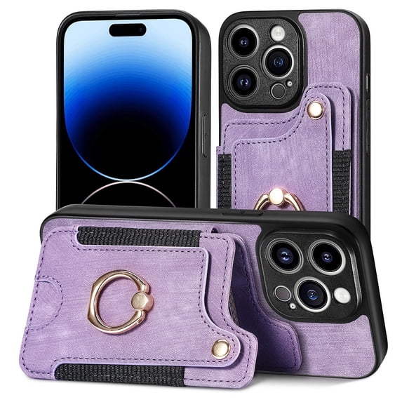 Allytech Wallet Cards Holder Case for Apple iPhone 16 Plus with Ring Holder, Premium PU Leather Retro Hand Wrist Stand Shockproof Compatible with Car Mount - Purple