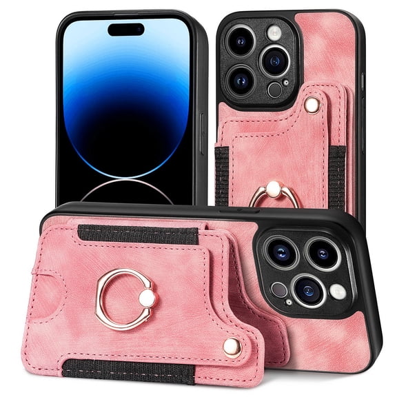 Allytech Wallet Cards Holder Case for Apple iPhone 16 Pro with Ring Holder, Premium PU Leather Retro Hand Wrist Stand Shockproof Compatible with Car Mount - Pink
