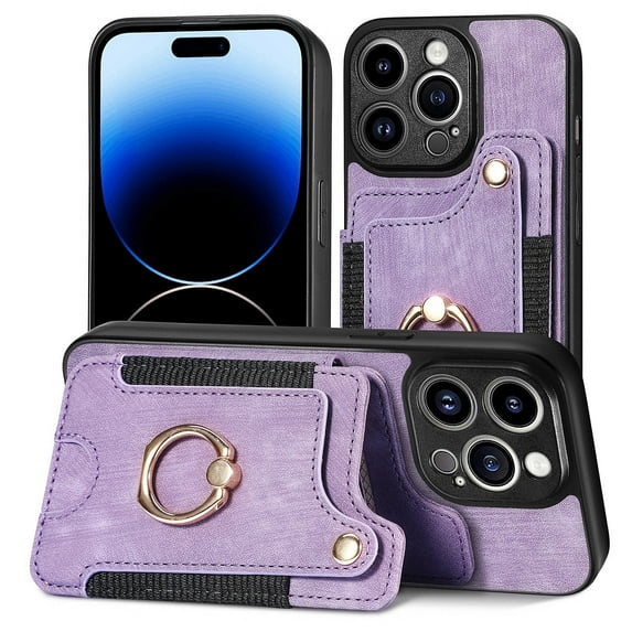 Allytech Wallet Cards Holder Case for Apple iPhone 16 Pro with Ring Holder, Premium PU Leather Retro Hand Wrist Stand Shockproof Compatible with Car Mount - Purple
