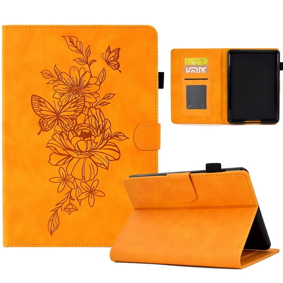 Allytech Wallet Case for All-new Kindle Tablet (11th Gen 2022 Released), Slim Folding Stand Auto Sleep Wake Embossed Flower PU Leather Case with Pen Slot for All-New Kindle 6", Khaki