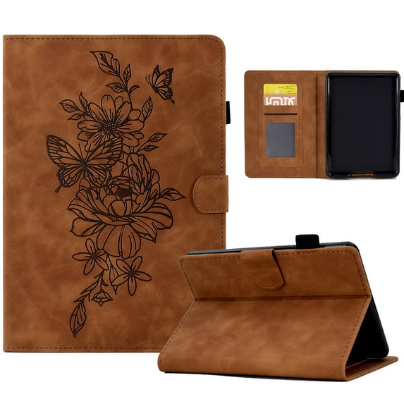 Allytech Wallet Case for All-new Kindle Tablet (11th Gen 2022 Released), Slim Folding Stand Auto Sleep Wake Embossed Flower PU Leather Case with Pen Slot for All-New Kindle 6", Brown
