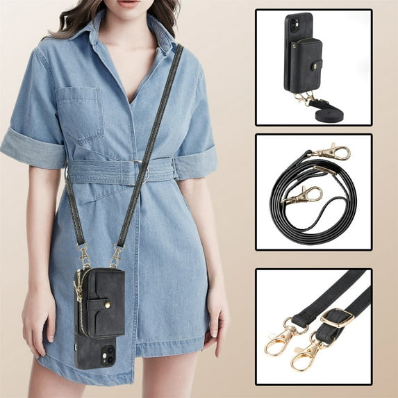 Allytech Wallet Case for Apple iPhone 13, with Crossbody Shoulder Strap Large Zipper Pocket Cards Slots Stand Protective Shockproof Case for iPhone 13 - Black