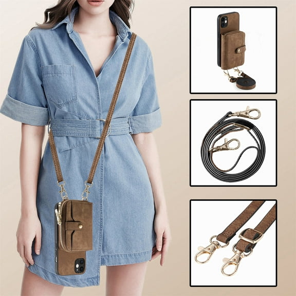 Allytech Wallet Case for Apple iPhone 13, with Crossbody Shoulder Strap Large Zipper Pocket Cards Slots Stand Protective Shockproof Case for iPhone 13 - Brown