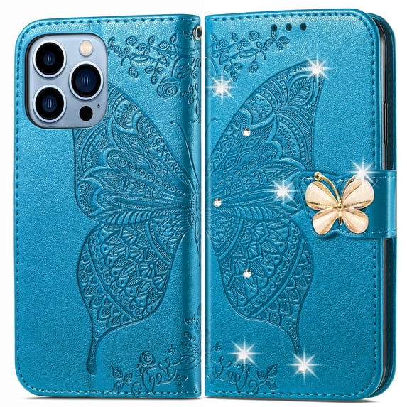 Allytech Wallet Case for Apple iPhone 13 Pro Max, Bling Sparkle Butterfly Design PU Leather Folio Flip Stand Shockproof Cards Slots Hand Wrist Cover Shell for Apple iPhone 13 Pro Max 6.7" -Blue