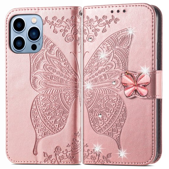 Allytech Wallet Case for Apple iPhone 13 Pro Max, Bling Sparkle Butterfly Design PU Leather Folio Flip Stand Shockproof Cards Slots Hand Wrist Cover Shell for Apple iPhone 13 Pro Max 6.7" - Rosegold