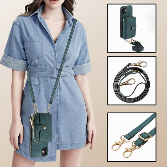 Allytech Wallet Case for Apple iPhone 13 Pro Max, with Crossbody Shoulder Strap Large Zipper Pocket Cards Slots Stand Protective Shockproof Case for iPhone 13 Pro Max - Green