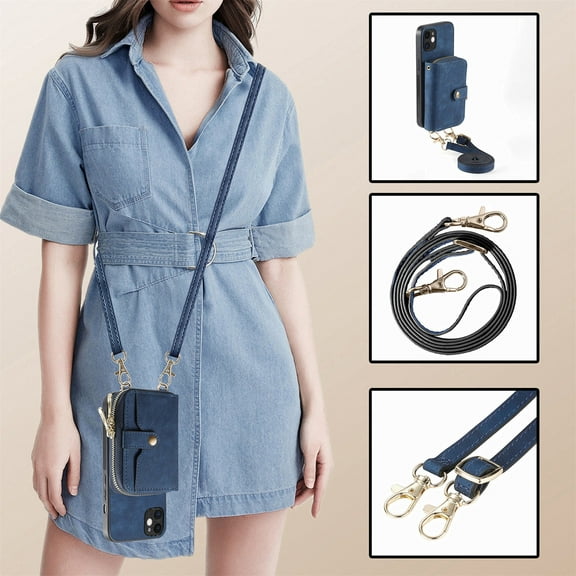 Allytech Wallet Case for Apple iPhone 15, with Crossbody Shoulder Strap Large Zipper Pocket Cards Slots Stand Protective Shockproof Case for iPhone 15 - Blue