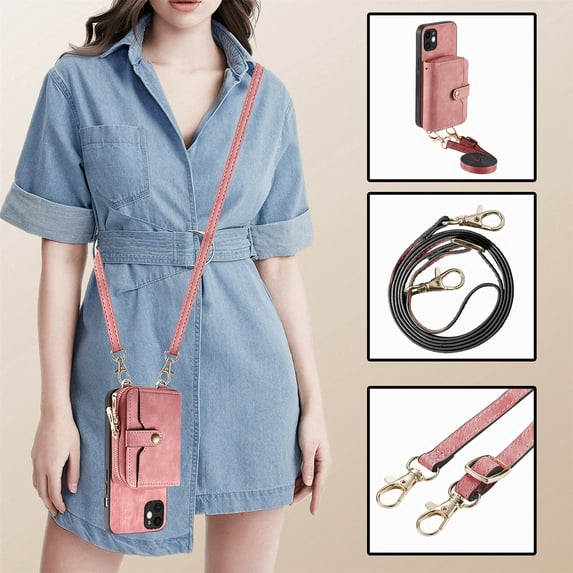 Allytech Wallet Case for Apple iPhone 15 Plus, with Crossbody Shoulder Strap Large Zipper Pocket Cards Slots Stand Protective Shockproof Case for iPhone 15 Plus - Pink