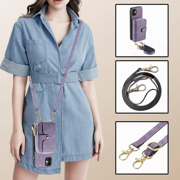 Allytech Wallet Case for Apple iPhone 15 Pro, with Crossbody Shoulder Strap Large Zipper Pocket Cards Slots Stand Protective Shockproof Case for iPhone 15 Pro - Purple