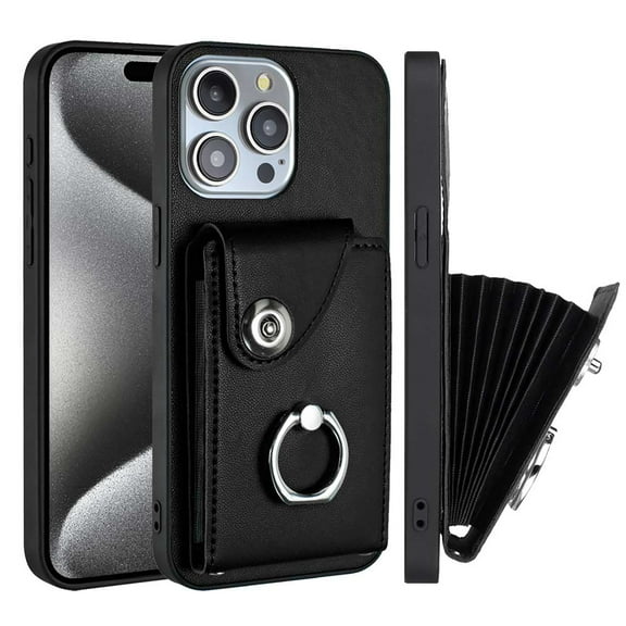 Allytech Wallet Case for Apple iPhone 15 Pro with Ring Holder Stand, Vintage Premium PU Leather 8 Cards Slots Shockproof Bumper Anti-Scratch Magnetic Closure Case Cover for iPhone 15 Pro,Black
