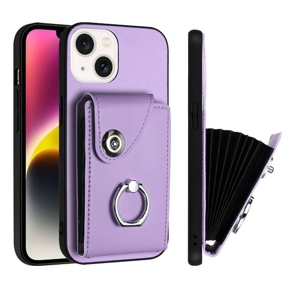Allytech Wallet Case for Apple iPhone 15 with Ring Holder Stand, Vintage Premium PU Leather 8 Cards Slots Shockproof Bumper Anti-Scratch Magnetic Closure Case Cover for iPhone 15,Purple