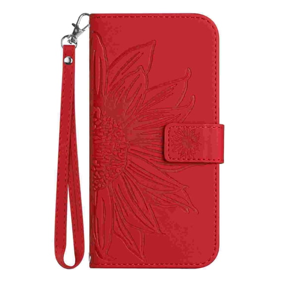 Allytech Wallet Case for Apple iPhone 17 Pro, Folio Embossed Floral PU Leather Kickstand Hand Strap Magnetic Snap Protective Case for iPhone 17 Pro, Red