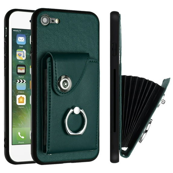 Allytech Wallet Case for Apple iPhone SE 2022/2020 3rd/2nd Gen/iPhone 7 8 with Ring Holder Stand, Vintage Premium PU Leather 8 Cards Slots Shockproof Bumper Anti-Scratch Magnetic Closure Case, Green