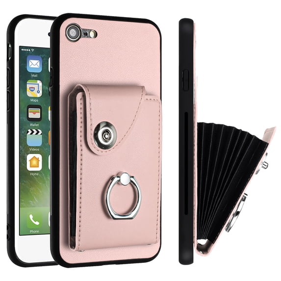 Allytech Wallet Case for Apple iPhone SE 2022/2020 3rd/2nd Gen/iPhone 7 8 with Ring Holder Stand, Vintage Premium PU Leather 8 Cards Slots Shockproof Bumper Anti-Scratch Magnetic Closure Case, Pink