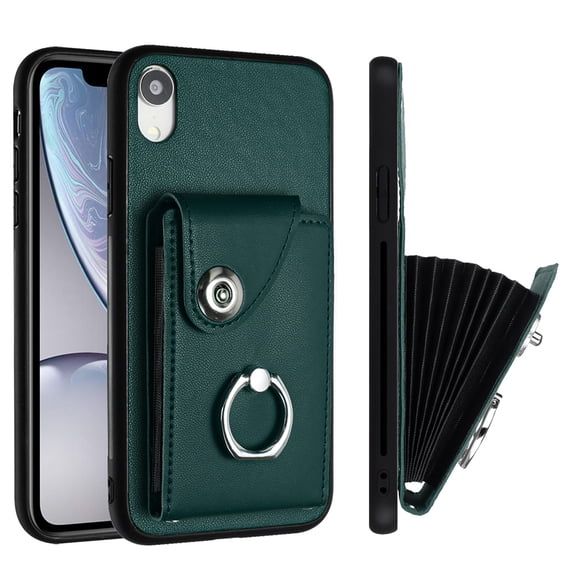 Allytech Wallet Case for Apple iPhone XR with Ring Holder Stand, Vintage Premium PU Leather 8 Cards Slots Shockproof Bumper Anti-Scratch Magnetic Closure Case Cover for iPhone XR,Green