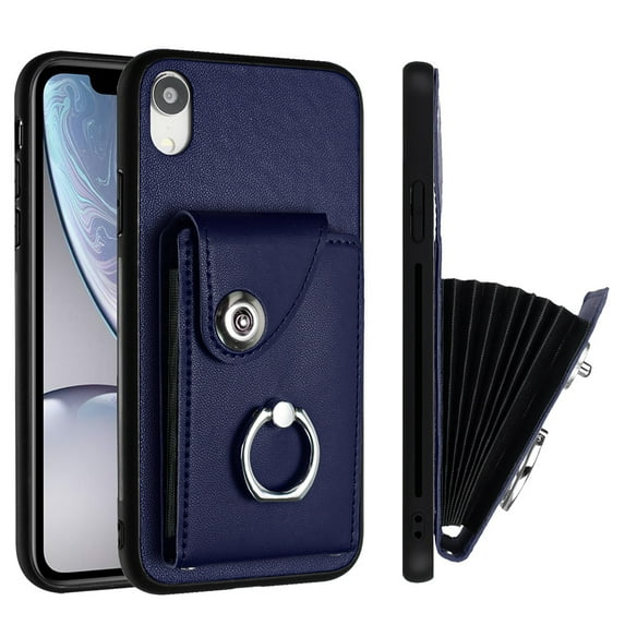 Allytech Wallet Case for Apple iPhone XR with Ring Holder Stand, Vintage Premium PU Leather 8 Cards Slots Shockproof Bumper Anti-Scratch Magnetic Closure Case Cover for iPhone XR,Blue