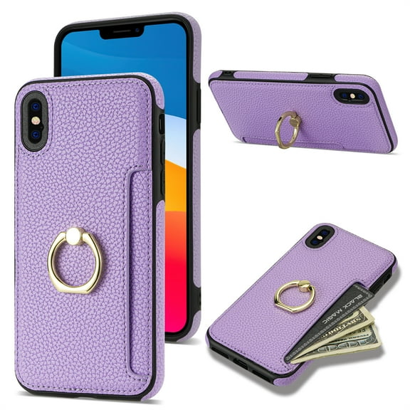Allytech Wallet Case for Apple iPhone XS/ X 5.8", With Ring Holder Cash Pocket Kickstand Shockproof Slim Shell PU Leather TPU Back Cover Wallet Phone Case for Apple iPhone XS / X - Purple