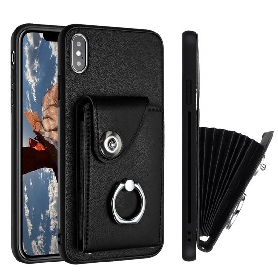 Allytech Wallet Case for Apple iPhone XS/X with Ring Holder Stand, Vintage Premium PU Leather 8 Cards Slots Shockproof Bumper Anti-Scratch Magnetic Closure Case Cover for iPhone XS/X,Black
