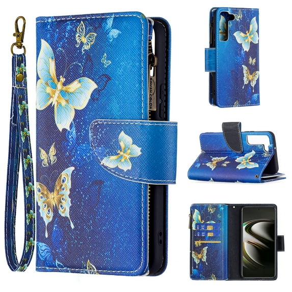 Allytech Wallet Case Compatible with Samsung Galaxy S23 (6.1 inch) 2023, 9 Card Holder & Zipper Pocket PU Leather Anti-Shock Kickstand Case with Hand Strap for Galaxy S23 5G, Green Gold Butterfly