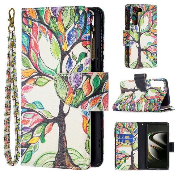 Allytech Wallet Case Compatible with Samsung Galaxy S23 Plus (6.6 inch) 2023, 9 Card Holder & Zipper Pocket PU Leather Anti-Shock Kickstand Case with Hand Strap for Galaxy S23+ 5G, Colorful Tree