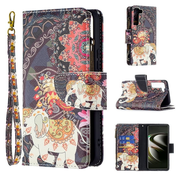 Allytech Wallet Case Compatible with Samsung Galaxy S23 Plus (6.6 inch) 2023, 9 Card Holder & Zipper Pocket PU Leather Anti-Shock Kickstand Case with Hand Strap for Galaxy S23+ 5G, Mandala Elephant