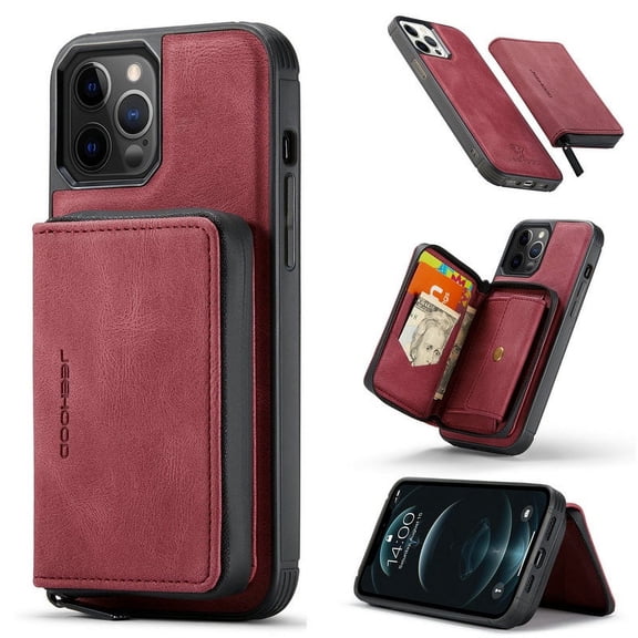 Allytech Wallet Case Compatible with iPhone 12 Pro Max Case 2020(6.7"), Premium Vegan Leather 3 ID Cash Credit Card Slots Carrying Pouch Phone Folio Stand Multipurpose Removable Zipper Case, Red