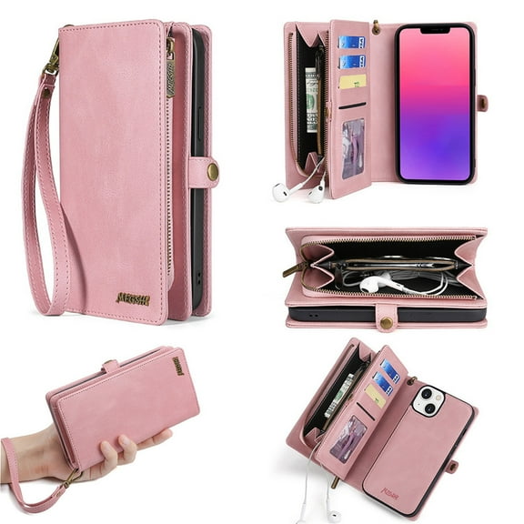 Allytech Wallet Case Compatible with iPhone 14 (6.1 inch 2022), Magnetic Closure Detachable PU Leather Flip Folio Stand Zipper Purse Hand Strap Case for iPhone 14 5G, Pink