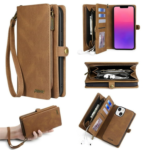 Allytech Wallet Case Compatible with iPhone 14 Plus (6.7 inch 2022), Magnetic Closure Detachable PU Leather Flip Folio Stand Zipper Purse Hand Strap Case for iPhone 14 Plus 5G, Brown