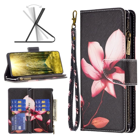 Allytech Wallet Case Compatible with iPhone 14 Pro (6.1 inch) 2022, 9 Card Holder & Zipper Pocket PU Leather Anti-Shock Kickstand Case with Hand Strap for iPhone 14 Pro 5G, Pink Floral