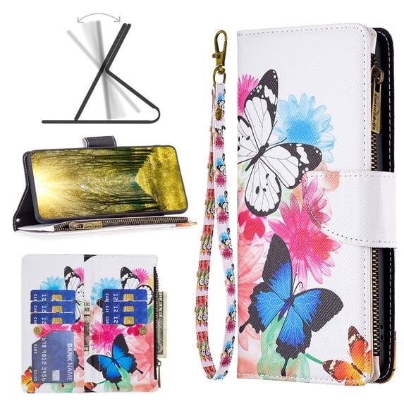 Allytech Wallet Case Compatible with iPhone 14 Pro (6.1 inch) 2022, 9 Card Holder & Zipper Pocket PU Leather Anti-Shock Kickstand Case with Hand Strap for iPhone 14 Pro 5G, Two Butterflies