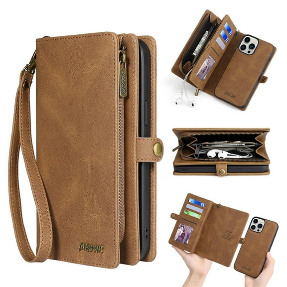 Allytech Wallet Case Compatible with iPhone 14 Pro (6.1 inch 2022), Magnetic Closure Detachable PU Leather Flip Folio Stand Zipper Purse Hand Strap Case for iPhone 14 Pro 5G, Brown