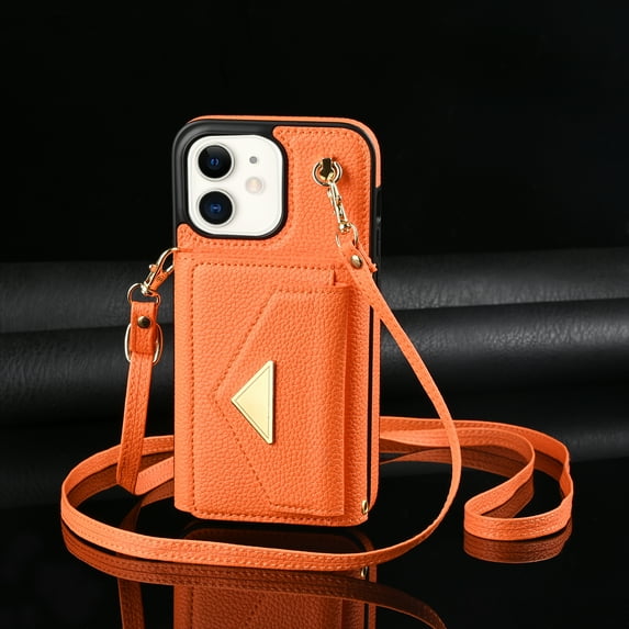 Allytech Wallet Case Cover for Apple iPhone 11 6.1", Premium PU Leather Multiple Cards Slots Large Space Wallet Case with Crossbody Shoulder Strap for Girls Women - Orange