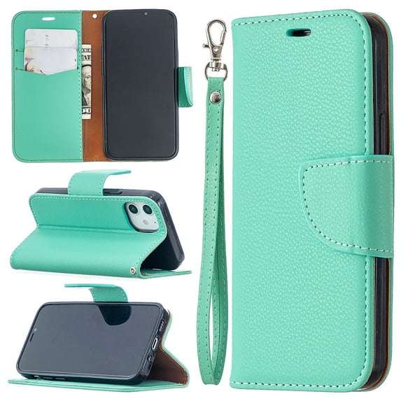 Allytech Wallet Case Cover for Apple iPhone 12 Mini 5.4-inch, Premium PU Leather Folio Flip Kickstand Credit Cards Holoder Hand Wrist Strap TPU Back Cover for Apple iPhone 12 mini, Green