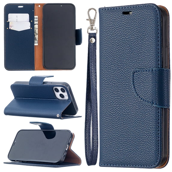 Allytech Wallet Case Cover for Apple iPhone 12 Pro 6.1-inch/ iPhone 12 6.1", Premium PU Leather Folio Flip Kickstand Credit Cards Holoder Hand Wrist Strap TPU Back Cover for Apple iPhone 12,Blue
