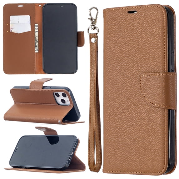 Allytech Wallet Case Cover for Apple iPhone 12 Pro Max 6.7-inch, Premium PU Leather Folio Flip Kickstand Credit Cards Holoder Hand Wrist Strap TPU Back Cover for Apple iPhone 12 Pro Max,Brown
