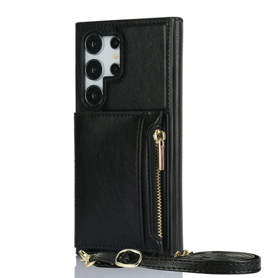 Allytech Wallet Case Cover for Samsung Galaxy S24 Ultra, Luxury PU Leather with Detachable Crossbody Strap Stand Zipper Pocket Cards Holder Shockproof Phone Case for Galaxy S24 Ultra, Black