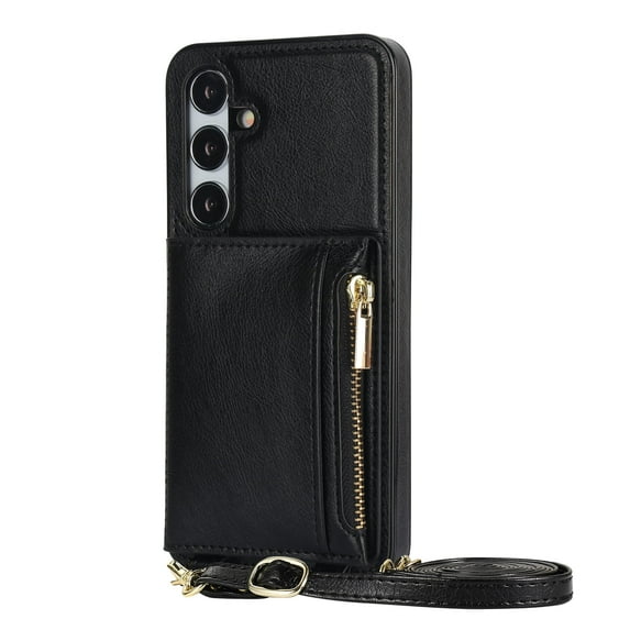 Allytech Wallet Case Cover for Samsung Galaxy S25, Luxury PU Leather with Detachable Crossbody Strap Stand Zipper Pocket Cards Holder Shockproof Phone Case for Galaxy S25, Black
