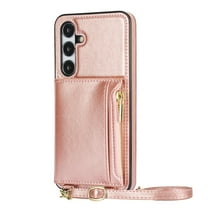 Allytech Wallet Case Cover for Samsung Galaxy S25, Luxury PU Leather with Detachable Crossbody Strap Stand Zipper Pocket Cards Holder Shockproof Phone Case for Galaxy S25, Rosegold