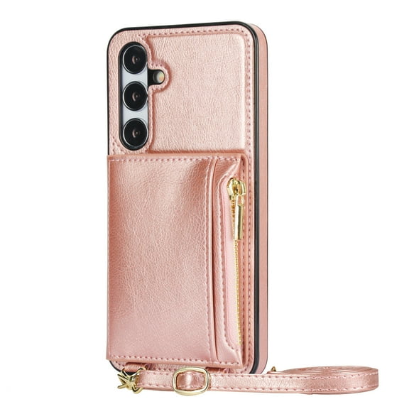 Allytech Wallet Case Cover for Samsung Galaxy S25, Luxury PU Leather with Detachable Crossbody Strap Stand Zipper Pocket Cards Holder Shockproof Phone Case for Galaxy S25, Rosegold